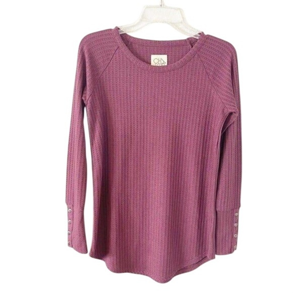 Chaser Womens Plum Purple Waffle Knit Thermal Long Sleeve Button Cuff Top S